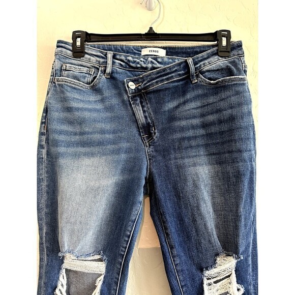 Ceros Distressed Straight Asymmetrical Front Woman's Jeans Size 30 Denim Blue - Picture 10 of 16